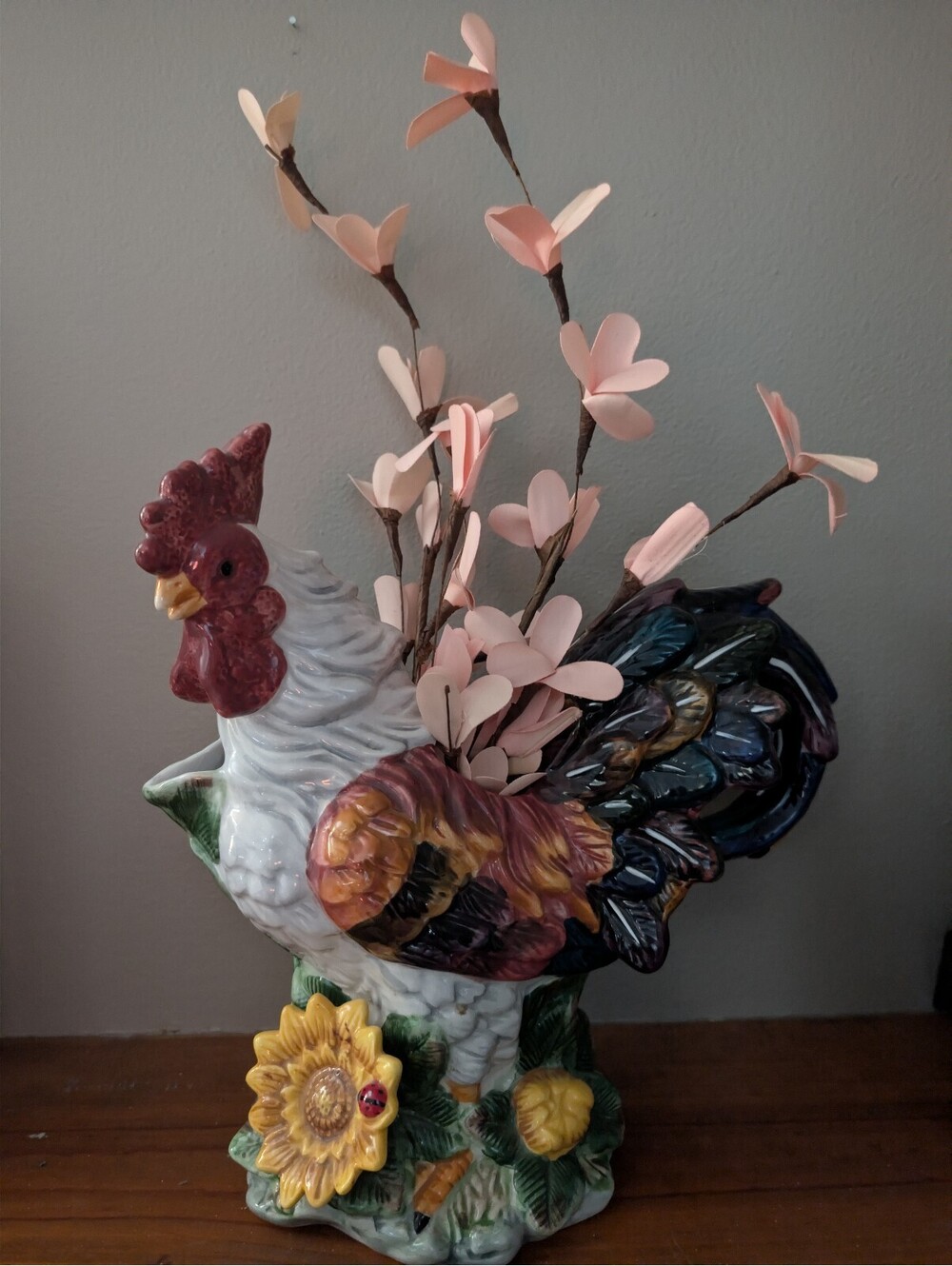 Vintage Ceramic Rooster Table Vase with Floral Accents